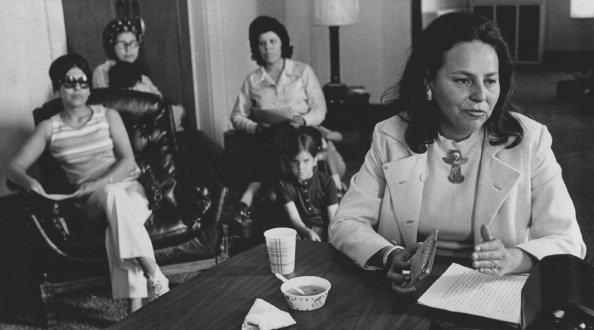 LaDonna Harris (Comanche) in a meeting with the Women's Political Caucus.