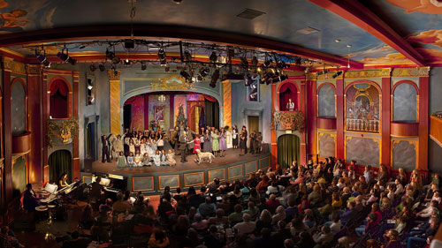 The Throckmorton’s intimate scale and Beaux-Arts decor help create the warm ambience that makes it a community favorite. The interior is shown here during a youth-theater production of Annie; Photo courtesy of William Binzin