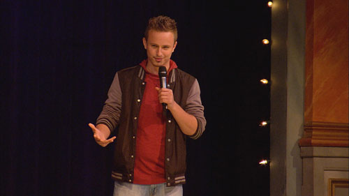 Comedian Cody Woods at a recent show. "The younger comics kind of get to hang out with people like Bobby Slayton and Robin Williams, as if you came up together," says Woods, who appreciates "the Throck's" support of rising talents. "So you get to talk shop with legends, and you feel a little more connected."