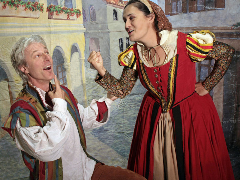 Tim Kniffin as Petruchio and Carla Pantoja as Katerina in the San Francisco Shakespeare Festival’s Free Shakespeare in the Park production of The Taming of the Shrew; photo: John Western.