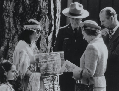 Michael Dixon, Julia Parker Presenting Basket to Queen Elizabeth II, 1983; courtesy the Yosemite National Park Archives, Museum, and Library.