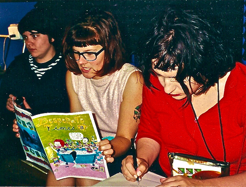 The members of Bratmobile (Erin, Allison, Molly) read Hessig's "Desperate Times" while at Louder Studios in San Francisco back in 2000. (Courtesy of Bratmobile)