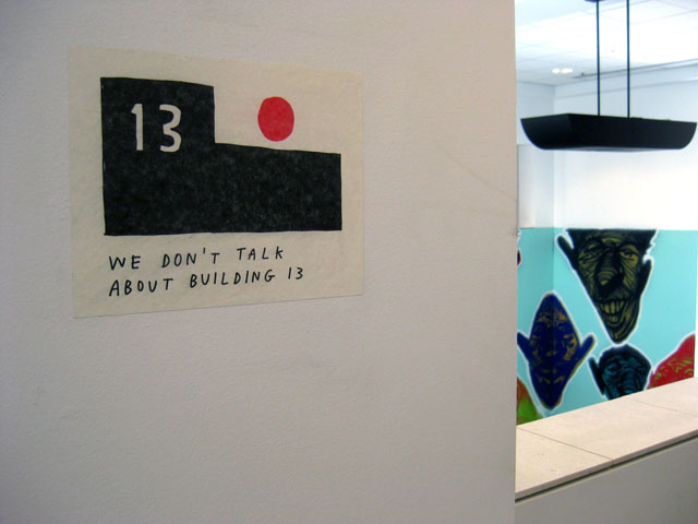 Site-specific artwork details: Facebook’s Artist in Residence Program featuring works by Tucker Nichols (left) and Rich Jacobs (right). Nichol's work references an insider joke, held over from when the same site housed Sun Microsystems -- there is no building 13.