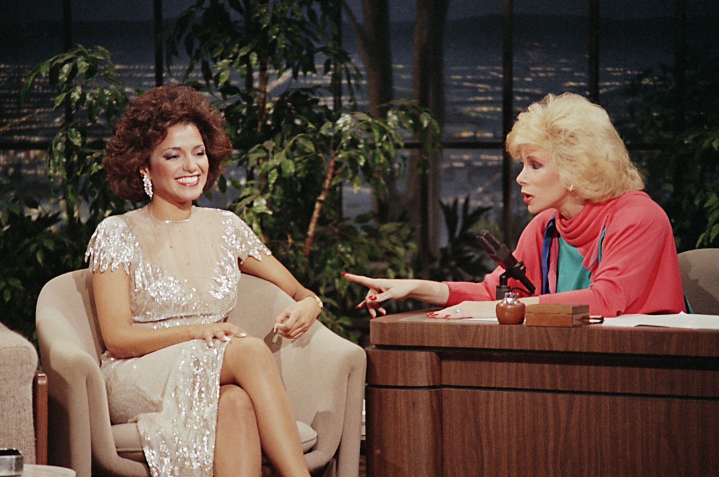Rivers became permanent guest host for <em>The Tonight Show</em> in 1983, a gig that ended when she left to host her own late-night show on Fox. Here she interviews Miss America Suzette Charles in 1984.