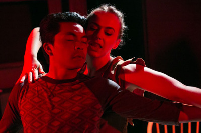 Jed Parsario flirts with danger -- and with Lindsey Schmeltzer's dragon girl -- in The Dragon Play at Impact Theatre.