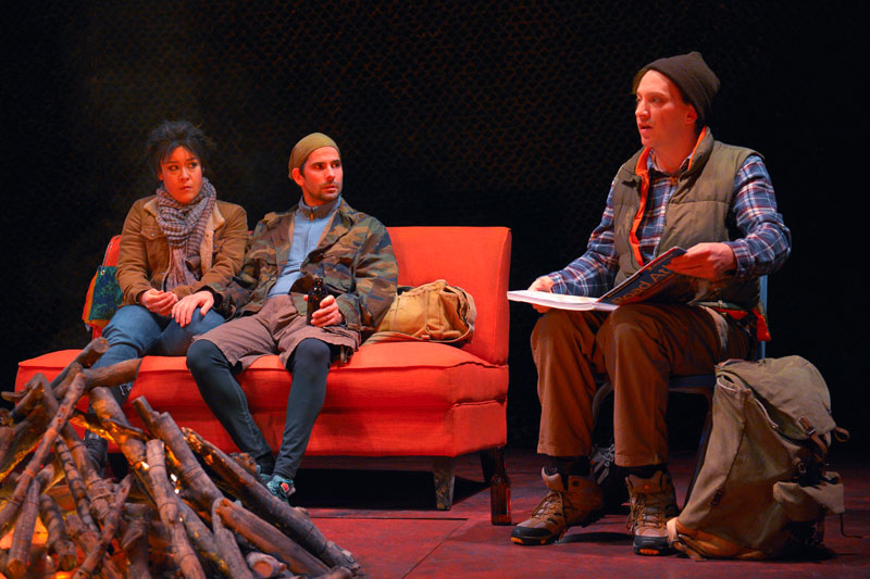 Anna Ishida, Nick Gabriel and Jim Lichtscheidl recount the infamous "Cape Feare" episode of The Simpsons following a post-apocalyptic event in Anne Washburn's Mr. Burns, a post-electric play at American Conservatory Theatre. (Photo: Kevin Berne)