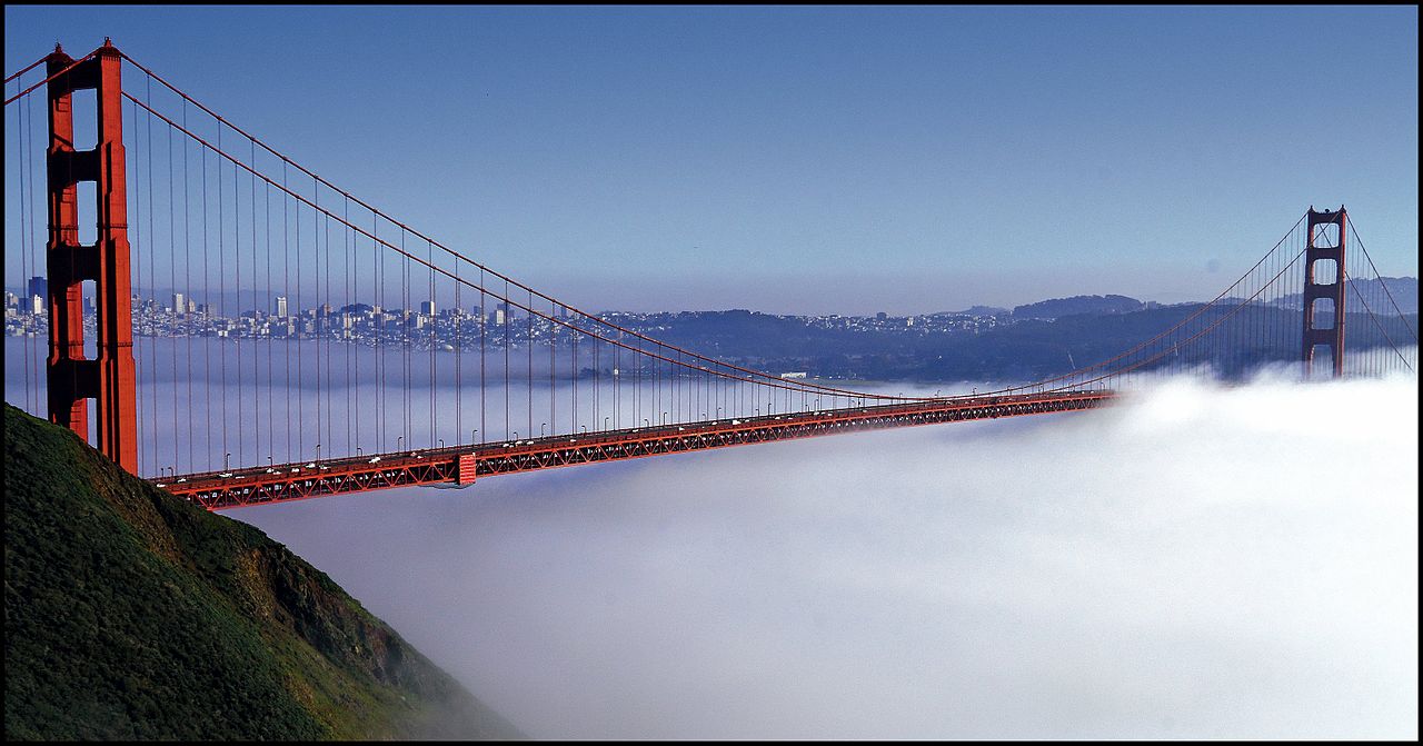 Golden Gate enveloped by fog. Wikimedia Commons.