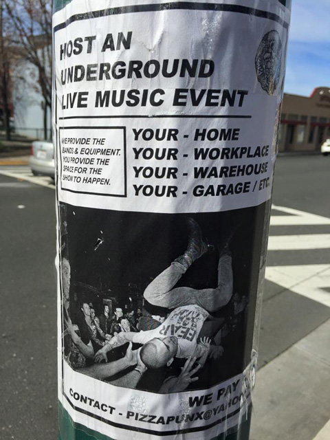 A Pizza Punx flyer asking for use of unconventional venues. (Photo: Jake Bayless)