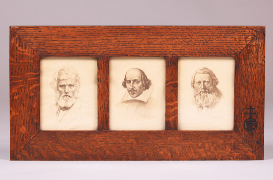 Roycroft oak frame with original images of Carlyle, Shakespeare and Ruskin. (Courtesy of California Historical Design)