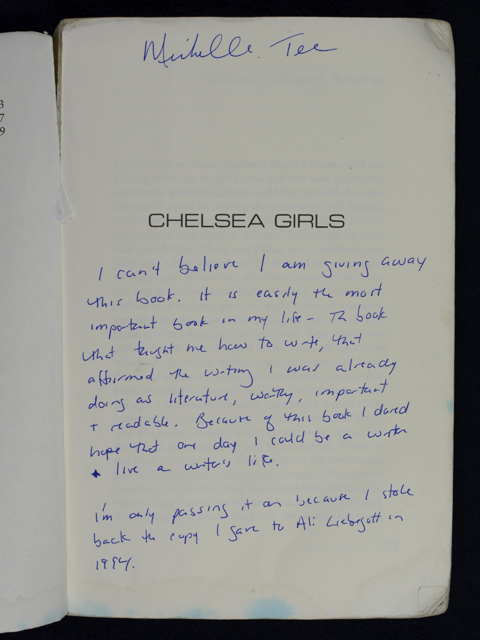 Michelle Tea’s copy of <i>Chelsea Girls</i> by Eileen Myles, donated to <i>Read by Famous</i>. (Courtesy of the Contemporary Jewish Museum, San Francisco)