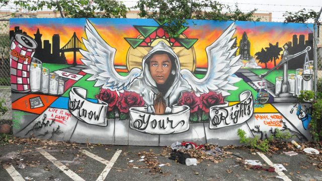 A mural of Trayvon Martin graces the African American Art & Culture Complex grounds.