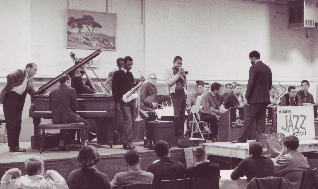 Ornette Coleman and Don Cherry perform with a large band at the Monterey Jazz Festival, 1959.