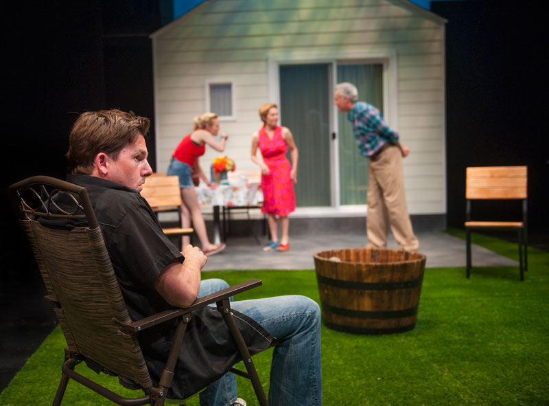Suburbanites Mary (Amy Resnick) and Ben (Jeff Garrett) host a lawn party for new neighbors Kenny (Patrick Kelly Jones) and Sharon (Luisa Frasconi)  in Aurora’s Bay Area premiere of Detroit. (Photo: David Allen)