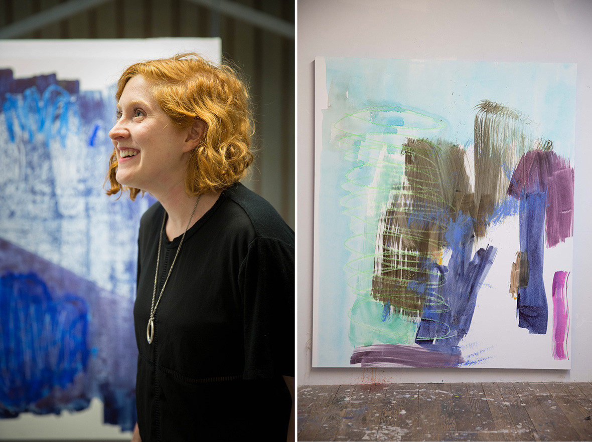 Left: The artist in her studio; Right: 'Wind Up,' 2015. (Photos: Jeremy Raff/KQED)
