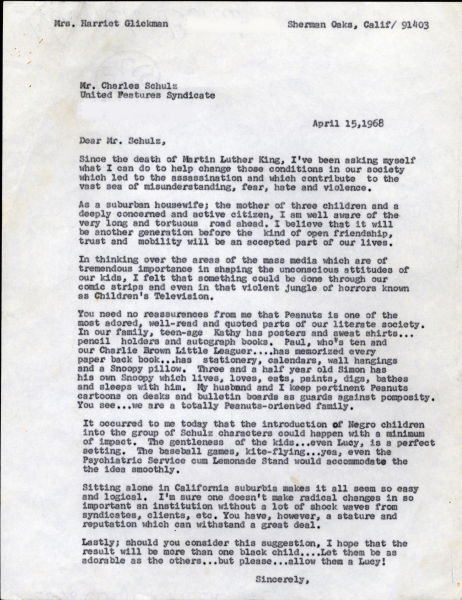 Here is Glickman's first letter to Schulz where she asks him to introduce African American children into Peanuts. 