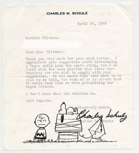 Schulz writes Glickman a letter showing concern for introducing an African American character.