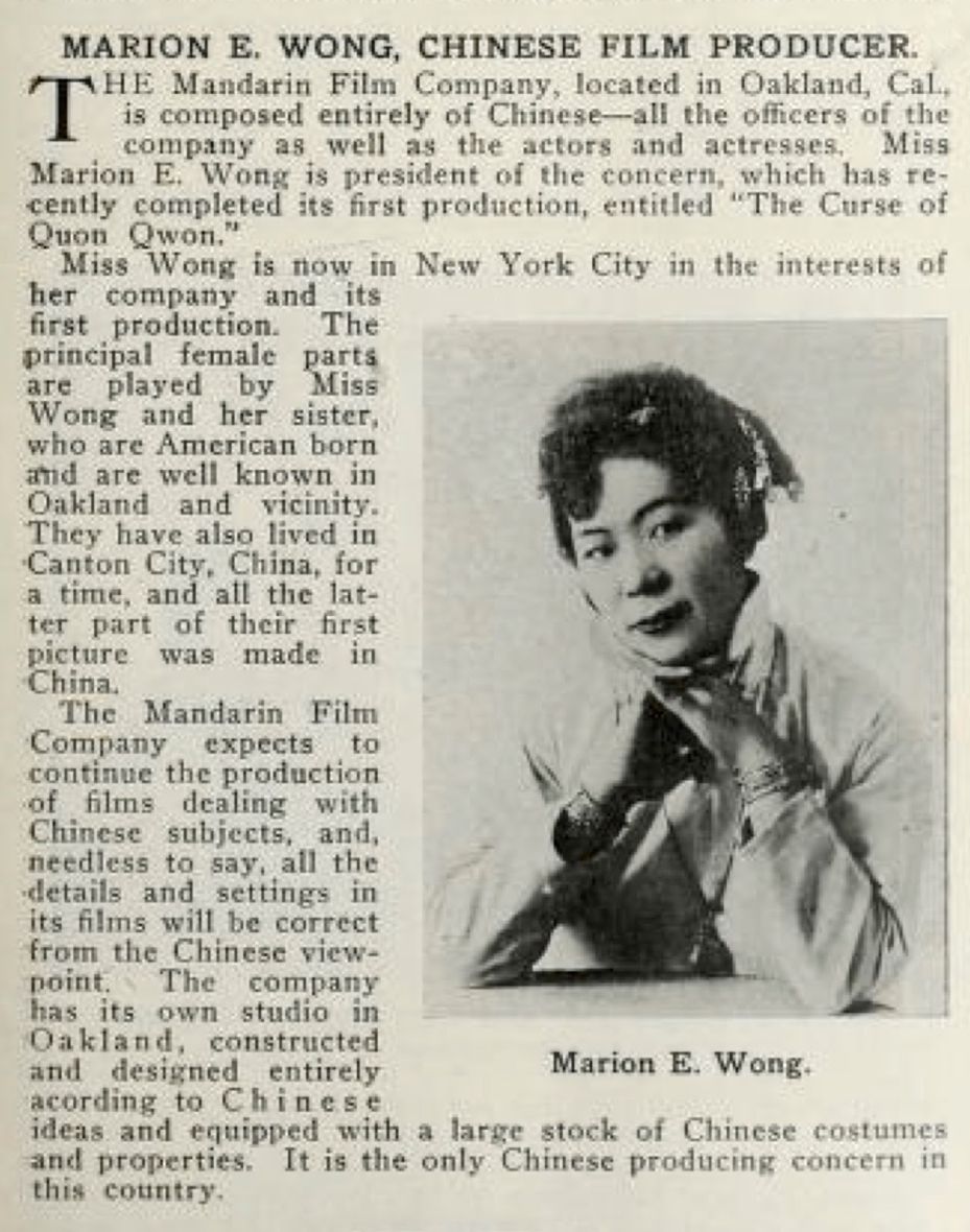A news clipping about Marion Wong, who wrote, directed, and starred in the early silent film "The Curse of Quon Gwon"