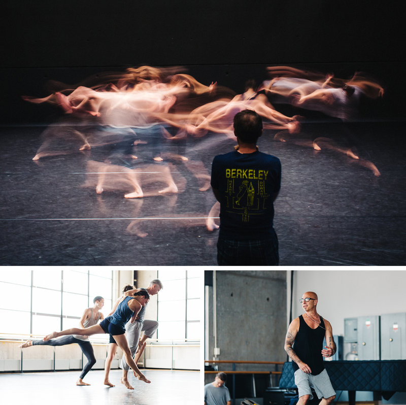 Top: Choreographer John Heginbotham watches his dancers rehearse at the Baryshnikov Arts Center. Bottom left: Dancers in the Stephen Petronio Company rehearse (from front to back: Jaqlin Medlock, Gino Grenek, Emily Stone and Joshua Tuason). Bottom right: Choreographer Stephen Petronio demonstrates an idea to his dancers