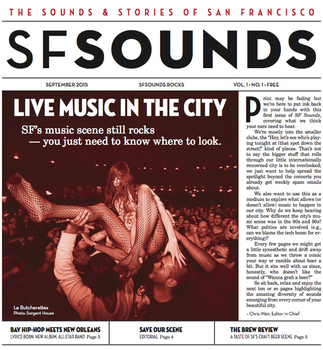 The debut issue of SF Sounds, a paper underwritten by club owner Jason Perkins.