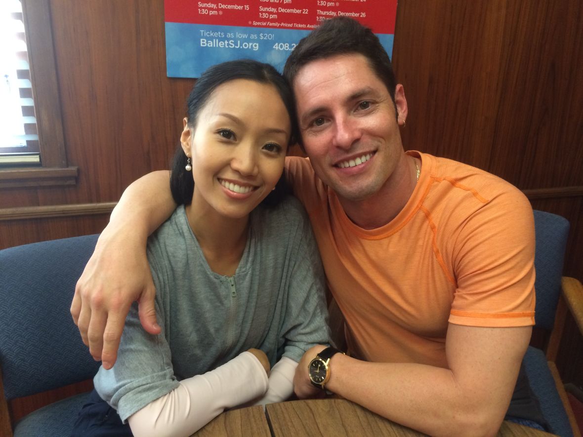 Silicon Valley Ballet dancers Ommi Pipit-Suksun and Maykel Solas taking a break from rehearsals for 'Giselle.'