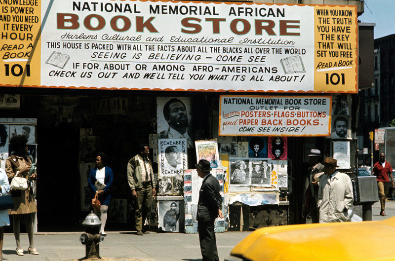 A view of the National Memorial African Bookstore in Harlem circa 1970.