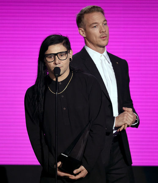 Recording artists Skrillex (L) and Diplo accept Collaboration of the Year award for 'Where Are U Now' onstage during the 2015 American Music Awards at Microsoft Theater 