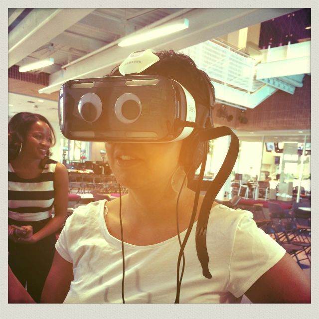 Experimenting with various virtual reality headsets and experiences at "Hack the Gender Gap: Women's Hackathon" event at USC Annenberg.