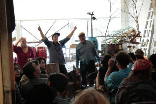 Streetopia Sandinista Poets Reunion, May 1, 2012 (l-r Nina Serrano, Janice Mirikitani (seated and facing over shoulder), Erick Lyle, and Roberto Vargas. 