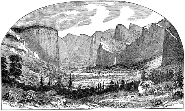 Illustration of Yosemite Valley by Thomas Ayles, as it appeared in the first issue of 'Hutchings' California Magazine,' 1856.