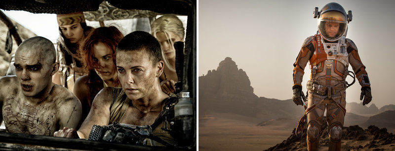(Left) Nicholas Hoult, Courtney Eaton, Riley Keough and Charlize Theron in 'Mad Max: Fury Road.' (Right) Matt Damon in 'The Martian.'