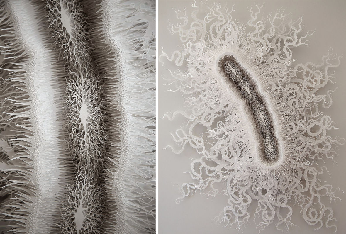 "Cut Microbe" left, was cut entirely by hand. The entire sculpture, right, measures approximately 44 inches tall by 35 inches wide. Brown says it was inspired by Salmonella and E. coli