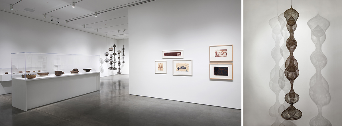 Left: Installation view of 'Architecture of Life' with Pomo baskets, Ruth Asawa sculptures and Suzan Frecon framed works; Right: Ruth Asawa, 'Untitled (S.065),' 1962.