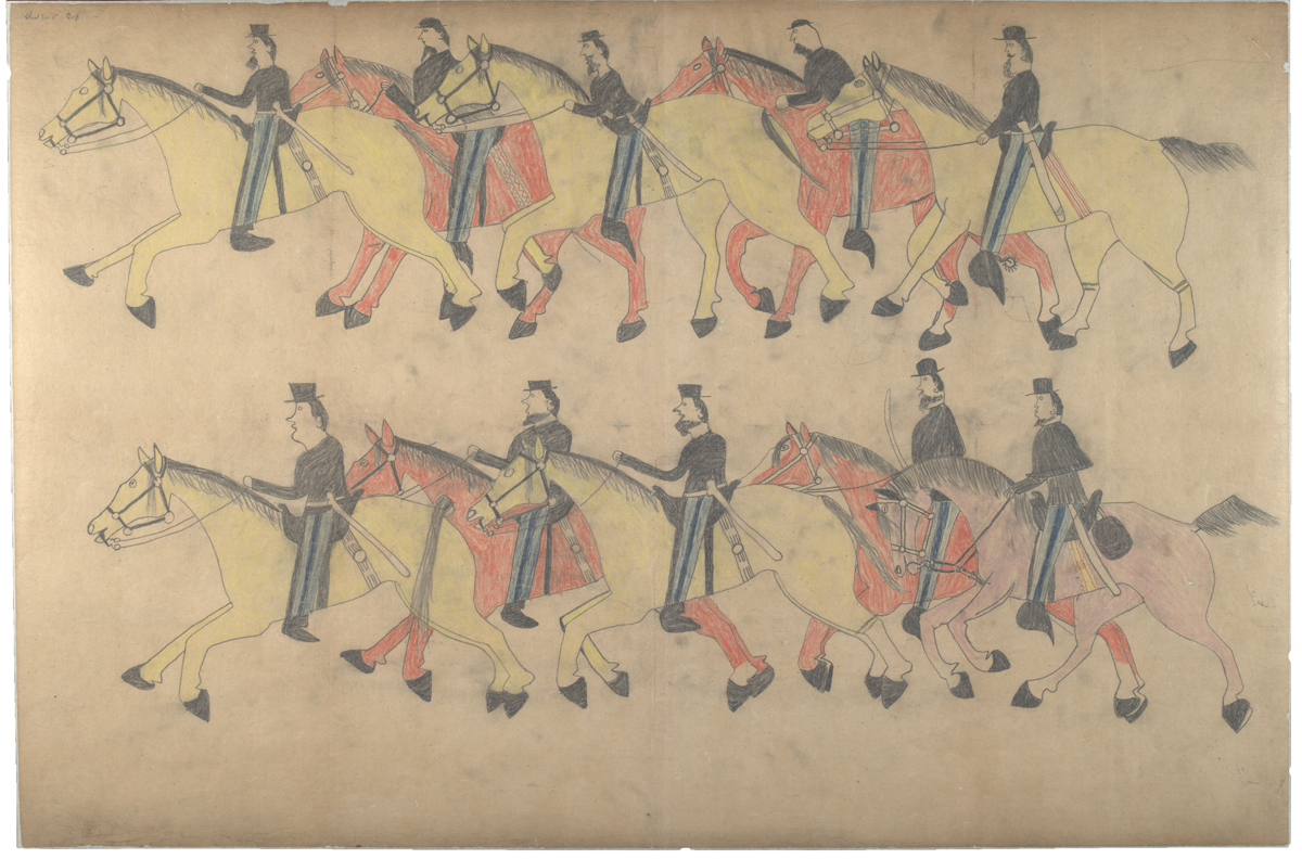 Red Horse (Minneconjou Lakota Sioux, 1822-1907), 'Untitled from the Red Horse Pictographic Account of the Battle of the Little Bighorn,' 1881. Graphite, colored pencil, and ink. NAA 2367A_08568300. 