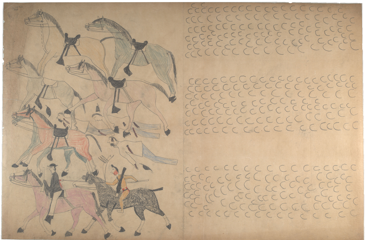 Red Horse (Minneconjou Lakota Sioux, 1822-1907), 'Untitled from the Red Horse Pictographic Account of the Battle of the Little Bighorn,' 1881. Graphite, colored pencil, and ink. NAA MS 2367A_08569000. 