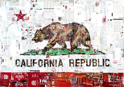 Derek Gores used 49ers maps, magazines, tickets, and programs to make this collage of the California flag.
