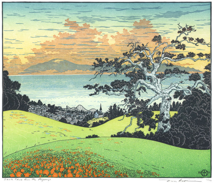 “Santa Cruz from the Pogonip,” more or less the view from Cowell College, UCSC, a multi-block woodcut print from 2002 by Tom Killion.
