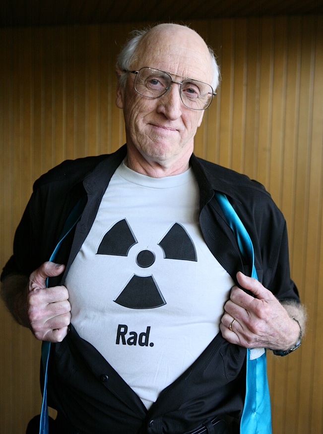 Stewart Brand flashing his support for nuclear power at a TED talk, 2010. 
