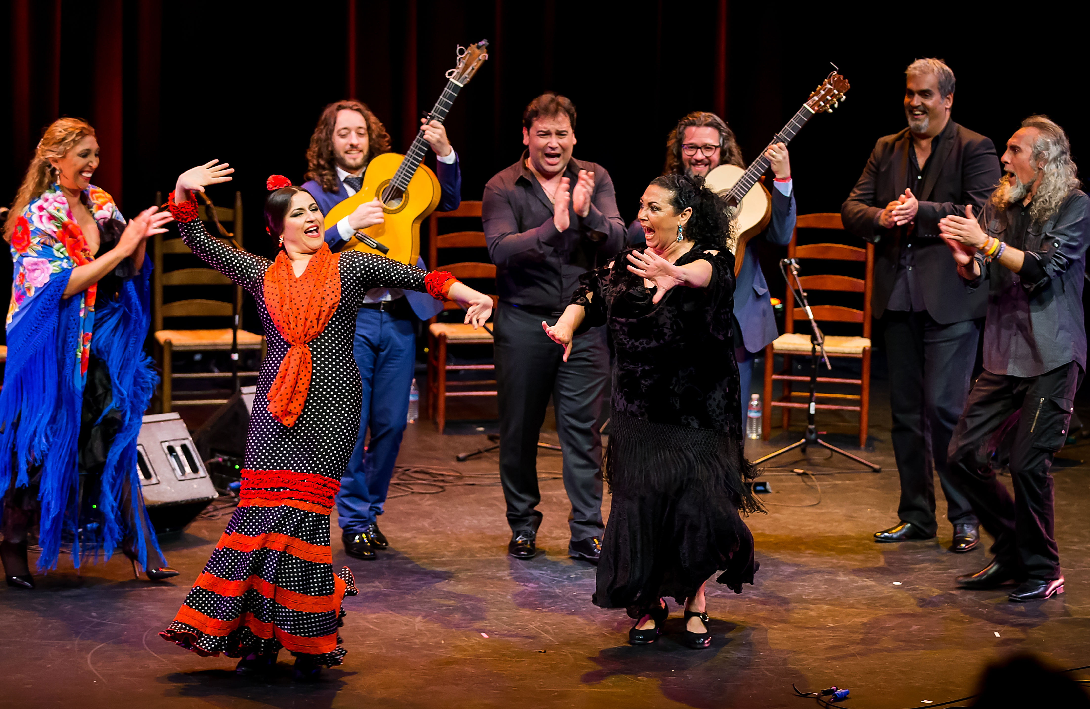 Gema Moneo (red scarf) on stage at the Bay Area Flamenco Festival 2015.