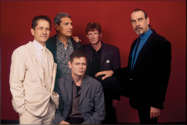 Promo shot of Tuxedomoon from the 1980s. Geduldig is fourth from the left