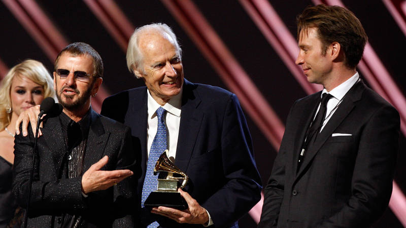 Beatles musician Ringo Starr, Beatles producer Sir George Martin and producer Giles Martin accept the Best Compilation Sountrack Album award for "Love" onstage during the 50th annual Grammy awards 