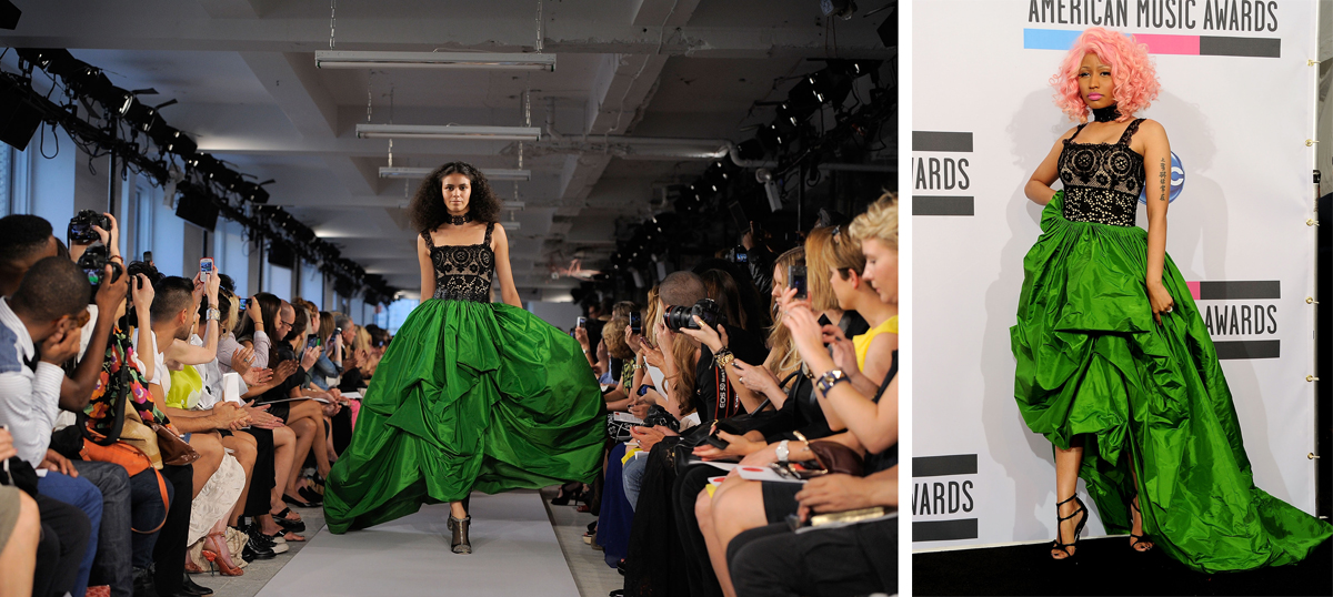 A model walks the runway at the Oscar de laa Renta Spring 2012 fashion show; Nicki Minaj at the 2011 American Music Awards.