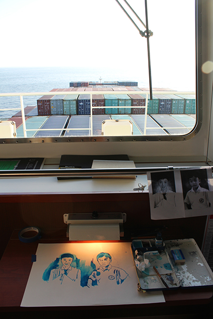 Working on portraits while on board the container ship.