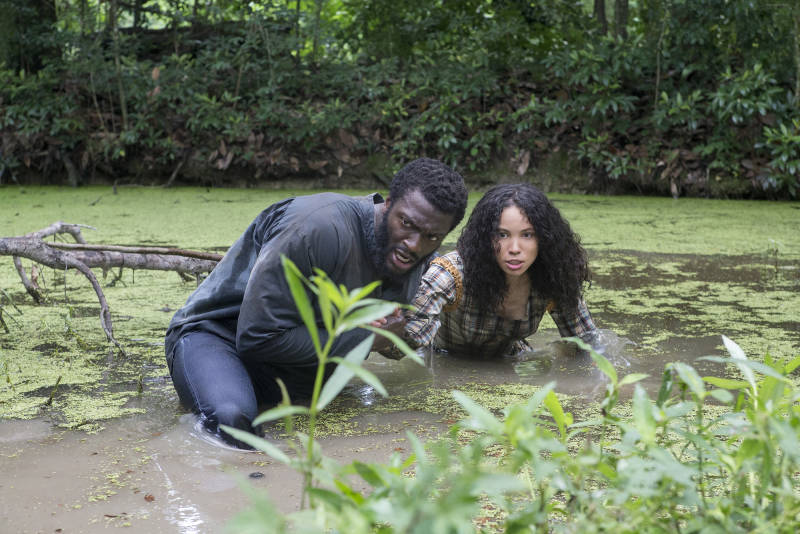 Aldis Hodge, pictured above with Jurnee Smollett-Bell, plays Noah, the leader of the underground resistance. He says the show's impact stays with him even after the cameras are off: "There's no way that you can come from set without taking a little piece of that with you," he says