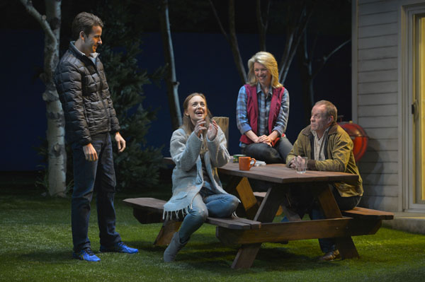 (L to R) John Jones (James Wagner) and his wife Pony (Allison Jean White) meet their new neighbors Jennifer Jones (Rebecca Watson) and her husband Bob Jones (Rod Gnapp) in Will Eno’s The Realistic Joneses playing at A.C.T.’s Geary Theater through April 3, 2016. Photo by Kevin Berne.