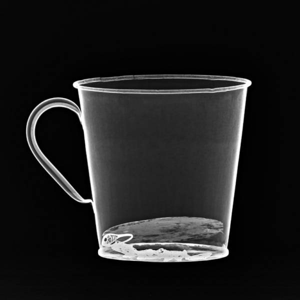 An X-ray reveals the jewelry concealed behind the false bottom, which separated from the mug after more than 70 years.