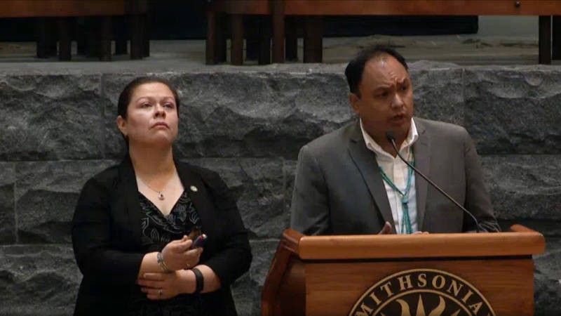 Hoopa Tribal Council Members Leilani Paul and Bradley Matthews at the Museum of the American Indian on Tuesday