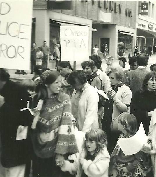 Molly Robinson Couto, via Facebook: "Me holding my older sister's hand during a protest march in downtown Berkeley in around 1968. My mom is just behind my sister, and her best friend is behind her next to another family friend."