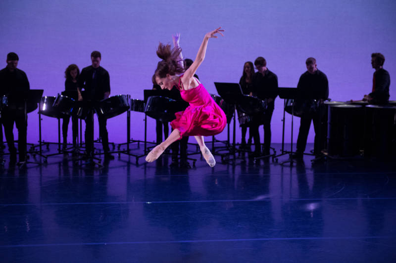 Amanda Treiber and the NYU Steel ensemble in Steven Melendez’ and Zhong-Jing Fang’s Song Before Spring for New York Theatre Ballet at New York Live Arts (Photo: Rachel Neville)