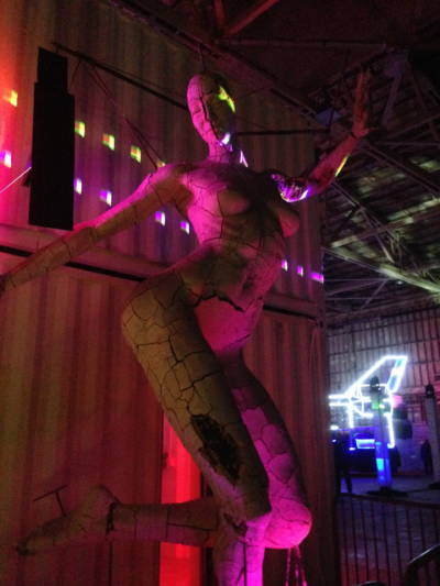 Marco Cochrane's "Bliss Dance," the version that showed at Burning Man, was 40 feet high. But the 15 foot metal and ceramic model at Treasure Island's Building 180 is also pretty impressive.
