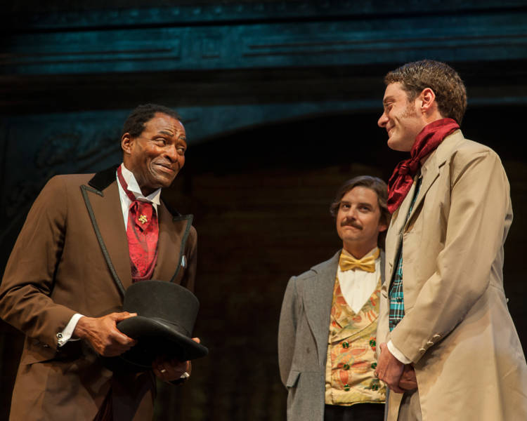 (L to R) Ira Aldridge (Carl Lumbley) is introduced by Pierre LaPorte (Patrick Russel) to one of his fellow actors Henry Forester (Devin O'Brien) in 'Red Velvet' at the SF Playhouse. Photo: Ken Levin.